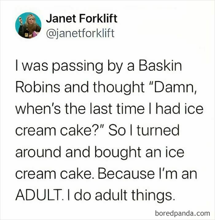 Funny food meme about buying an ice cream cake as an adult from Baskin Robbins.