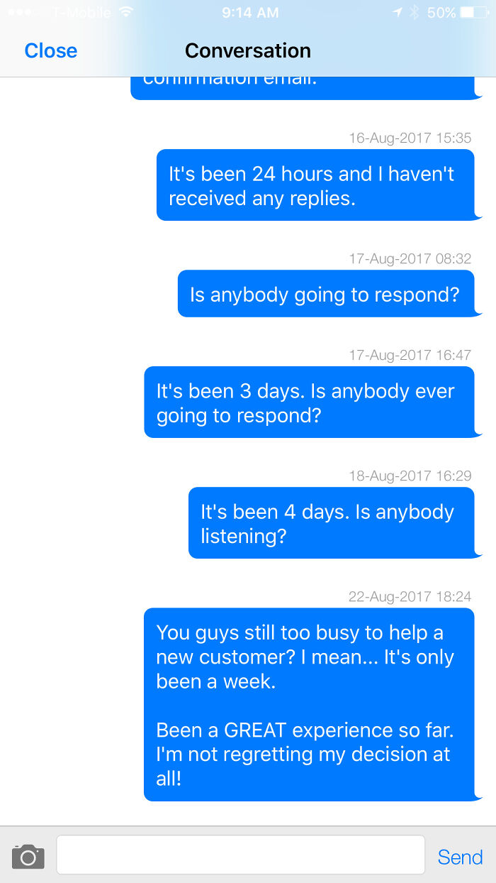 Chat messages showing infuriating support replies with delays over several days, expressing frustration and sarcasm.