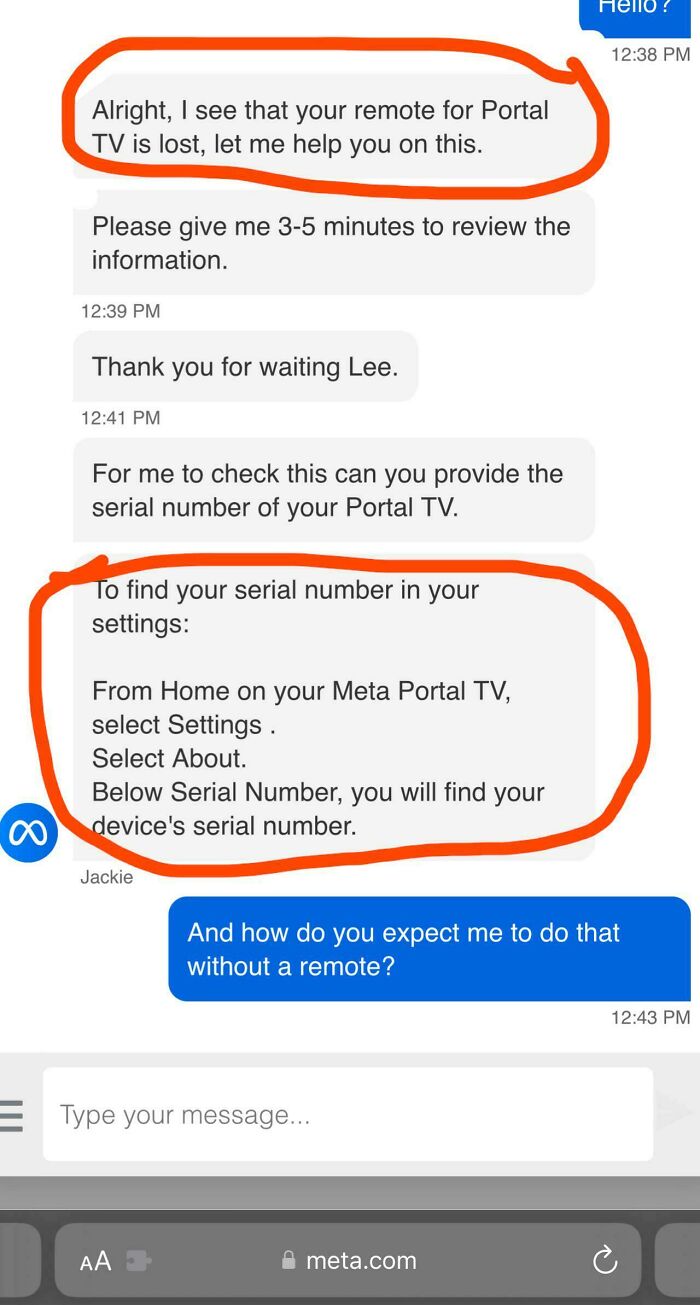 Chat support giving infuriating replies about retrieving a Portal TV serial number without a remote.