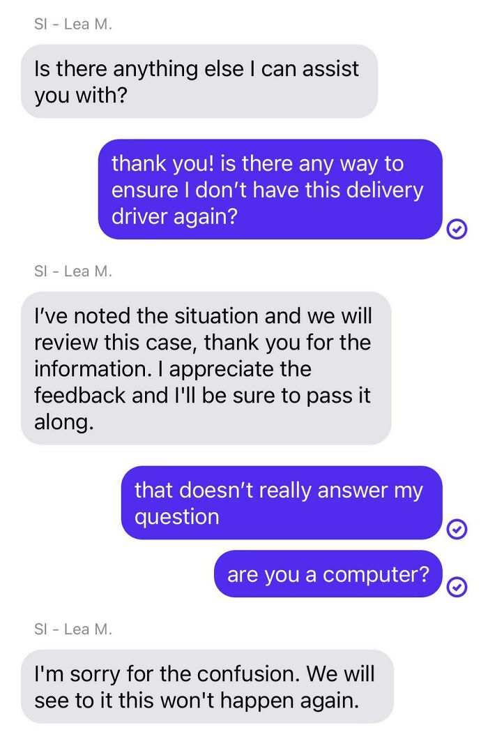 Chat support exchanges showing infuriating replies and unresolved customer questions.