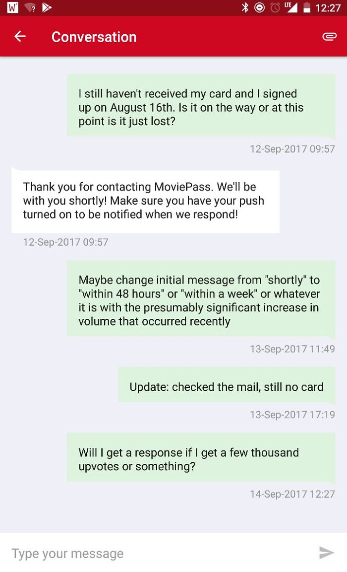 Chat support conversation showing delays and infuriating replies about a missing card order.