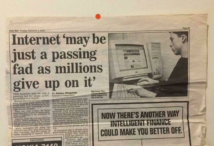 Newspaper headline about internet predicted as a fad, illustrating future predictions aged bad.