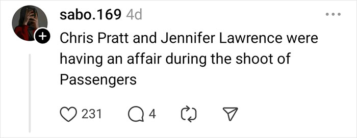 User comment about celebrity rumors involving Chris Pratt and Jennifer Lawrence.