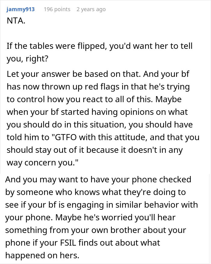 Reddit comment discussing relationship advice and boundaries between partners.