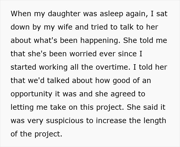 Text discussing overtime work and related worries, linked to infidelity accusations and personal tragedy.