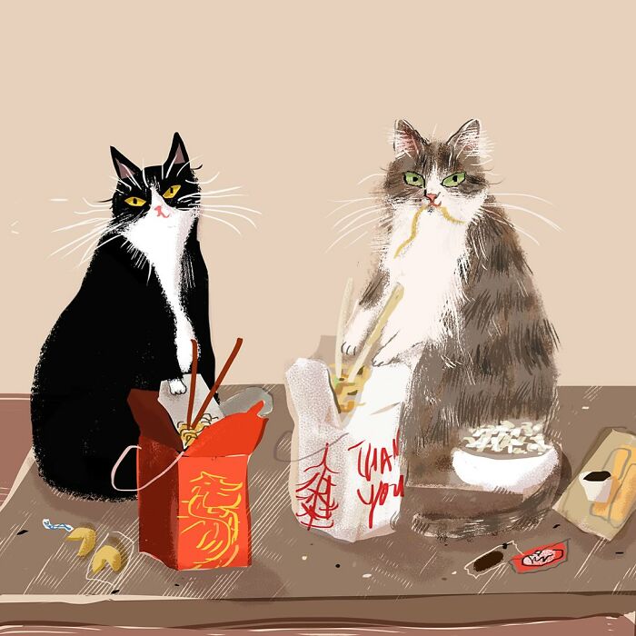 Two cats enjoying takeout in a cozy illustration for cat lovers by Jamie Shelman.