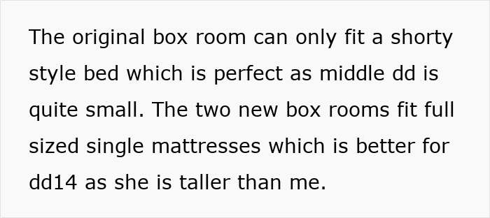 Text discussing room sizes and bed fits in a family home.