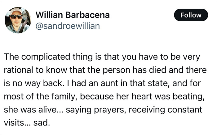 Tweet by Willian Barbacena discussing life support for a pregnant woman, referencing family experiences and emotions.