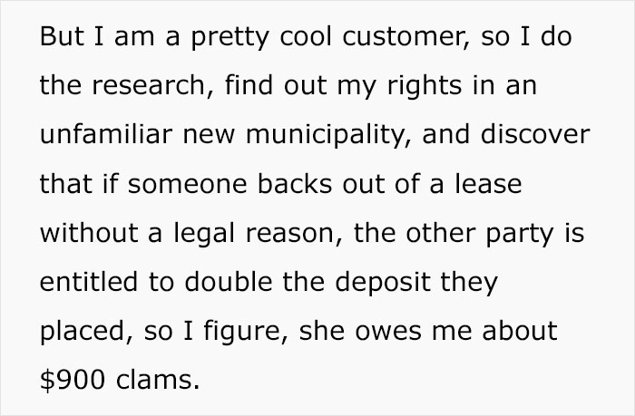 Text about researching tenant rights and discovering lease regulations related to deposits.