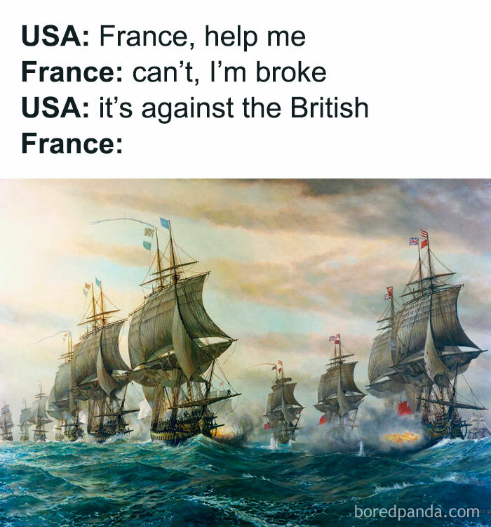 Historic meme about USA and France alliance against Britain with sailing ships in a stormy sea.