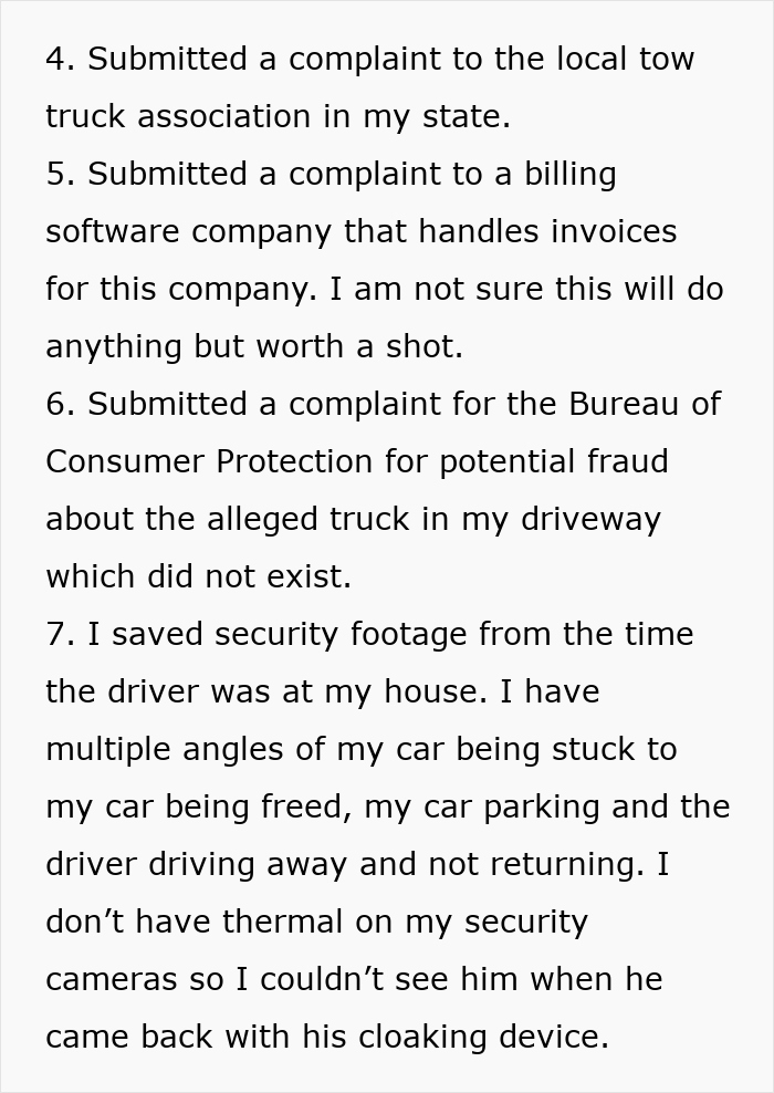 Text detailing complaints and actions taken against tow company; mentions security footage as revenge strategy.