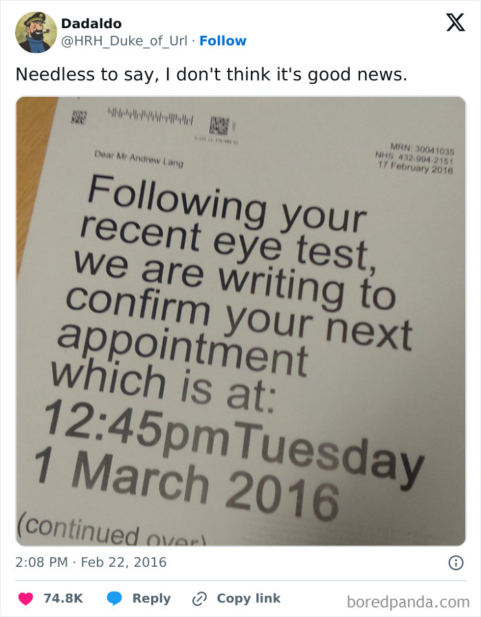 Science meme with a tweet about an eye test appointment letter.