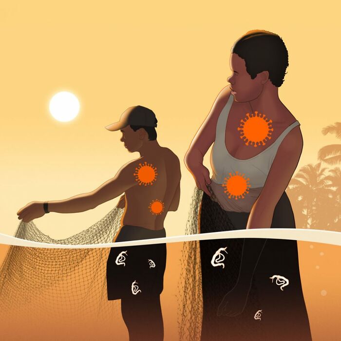 Two people fishing at sunset, symbolizing social and human themes with virus imagery on their bodies.