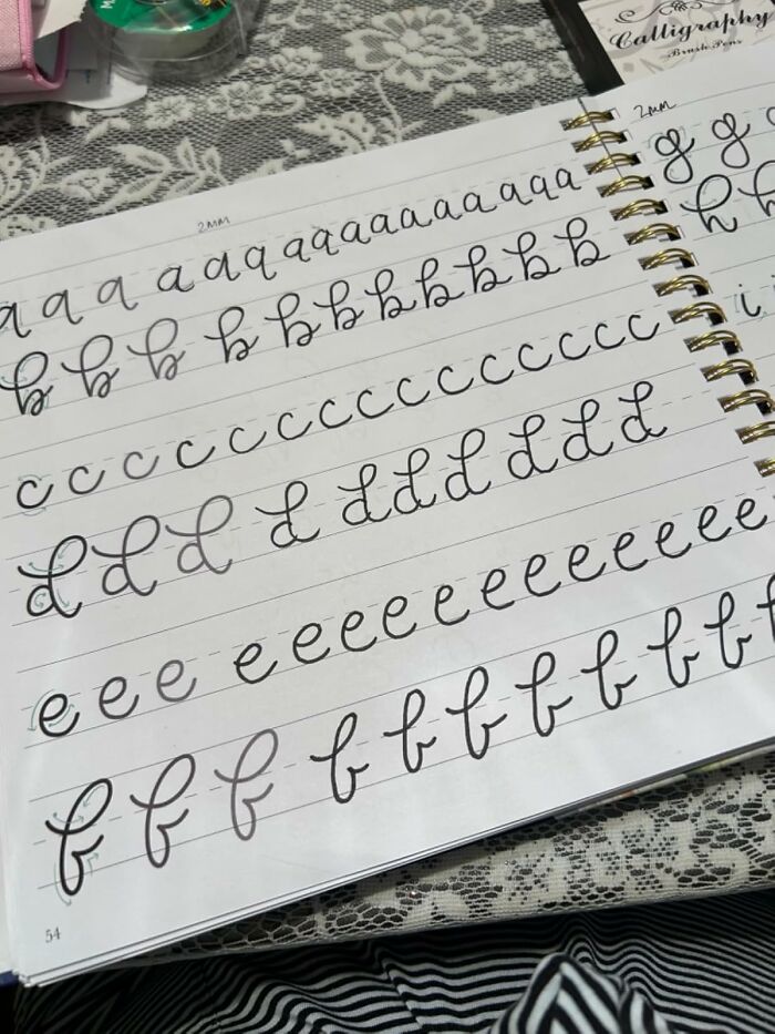 Calligraphy practice sheet showcasing various letters, a new hobby trend in 2025.