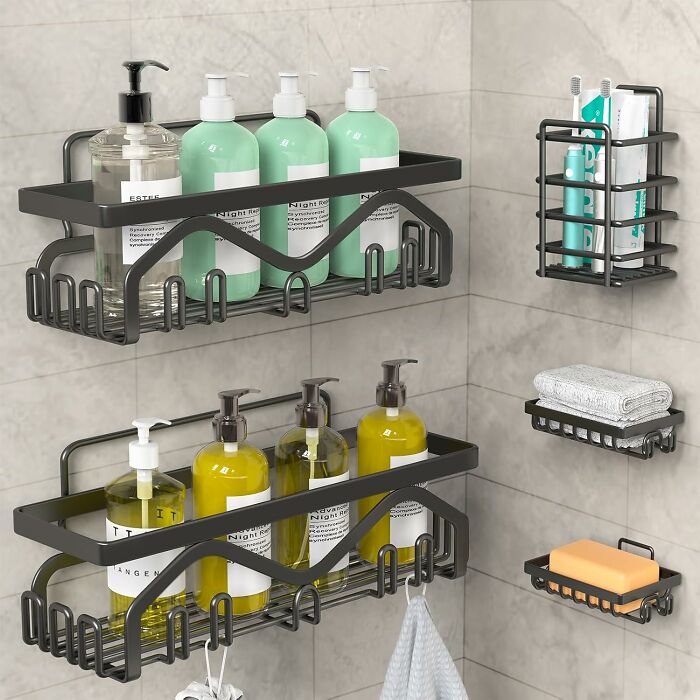 Bathroom products on wall-mounted shelves with soap, towels, and dispensers, showcasing highly rated new items.