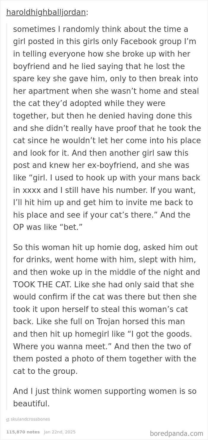 Text story about an act of kindness where a woman helps another retrieve her stolen cat.