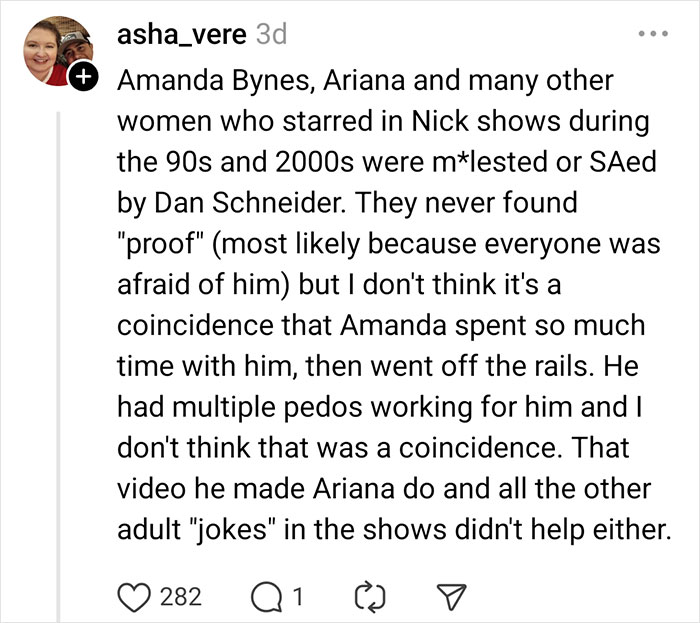 Text post discussing allegations and rumors involving celebrities from 90s and 2000s Nickelodeon shows.