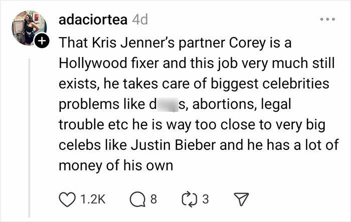 Instagram comment discussing celebrity rumors about Kris Jenner's partner Corey being a Hollywood fixer.