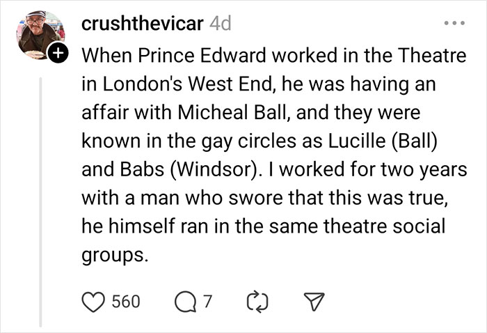 Text post about a celebrity rumor involving Prince Edward, Michael Ball, and London theatre circles.