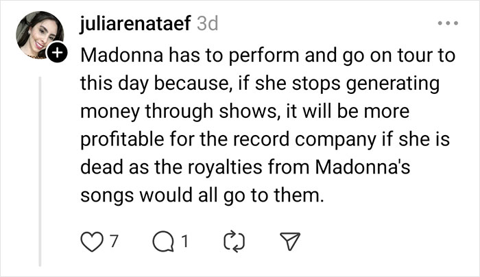 Comment discussing rumors about a celebrity needing to tour for financial reasons, highlighting speculation within the industry.