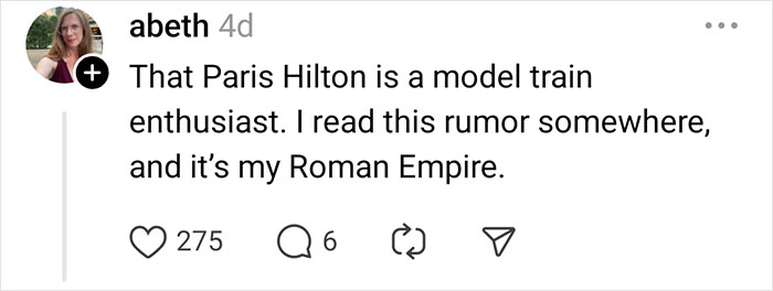 Social media post about a celebrity rumor involving Paris Hilton being a model train enthusiast.