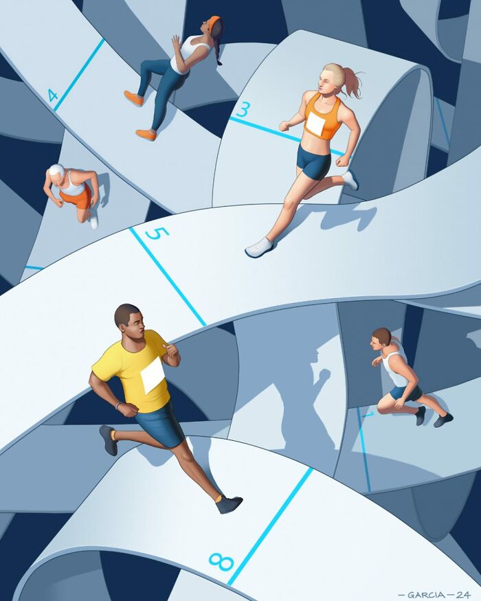 Illustration of individuals running on a winding track, reflecting on human and social topics.