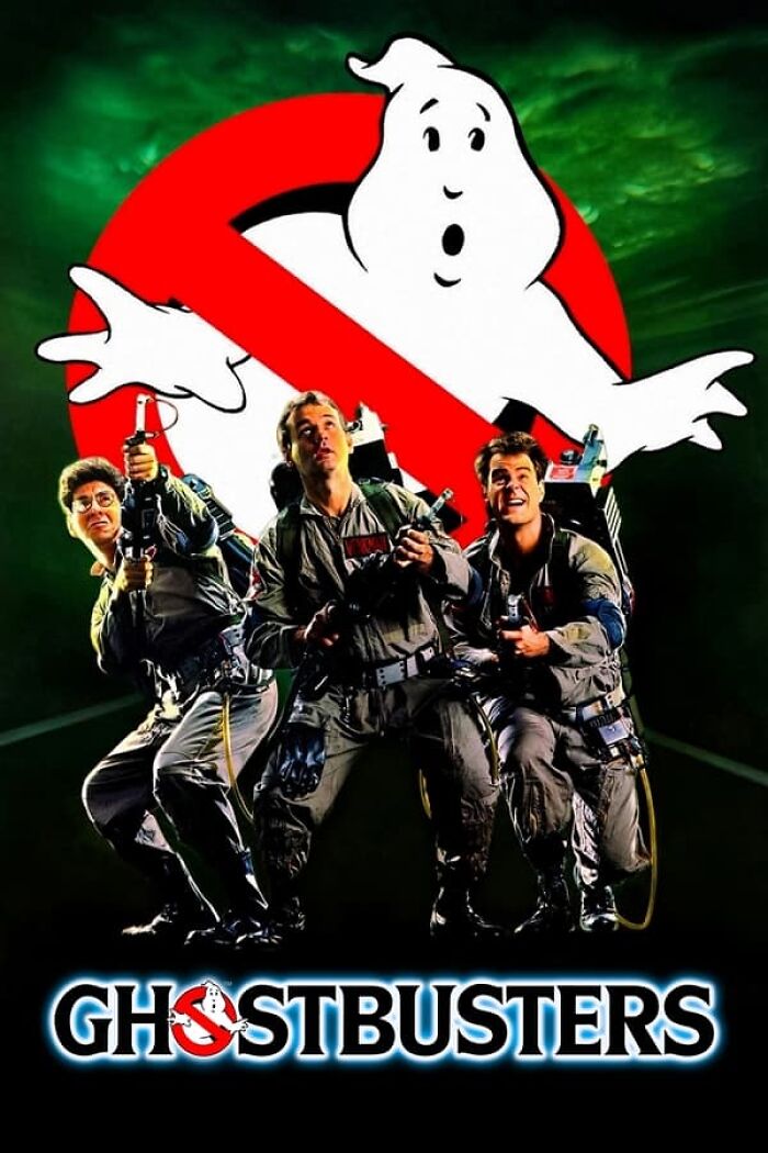 Ghostbusters movie poster featuring the team with proton packs against a ghost logo backdrop.