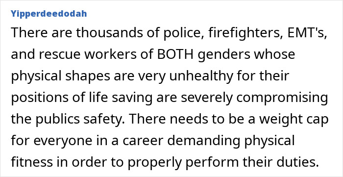 Text expressing concerns about physical fitness of emergency responders and proposing a weight cap for safety.