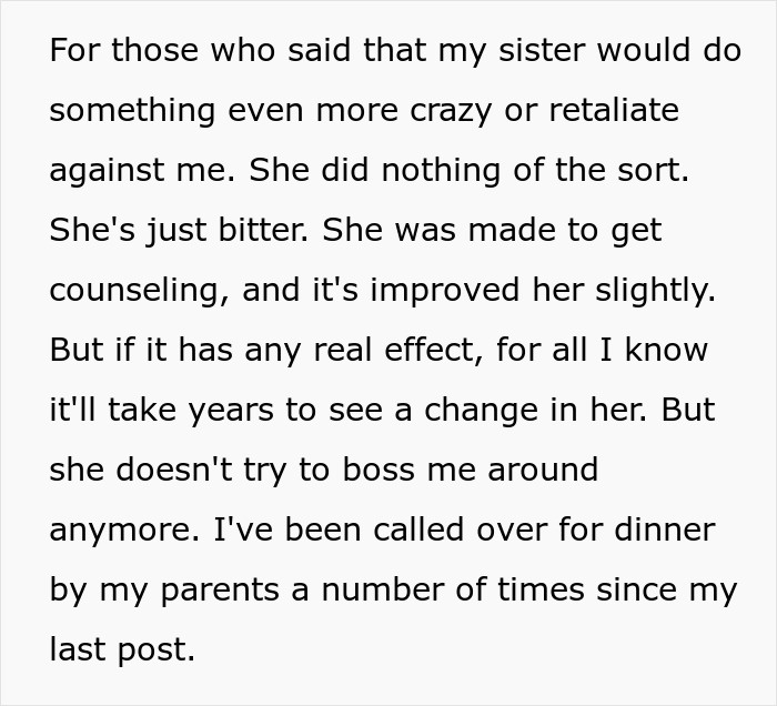 Text describing a sister's behavior, reflecting on a minor disagreement and changes after counseling.