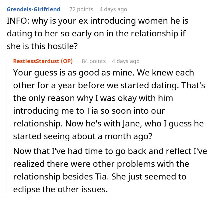 Reddit conversation about ex-girlfriends and new relationships, discussing issues with introductions.