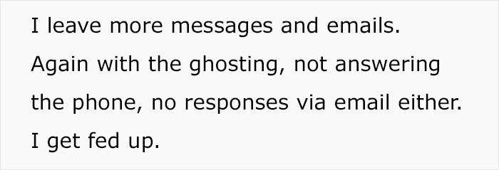 Text from a scam victim describing ghosting and frustration over unanswered messages related to an apartment.