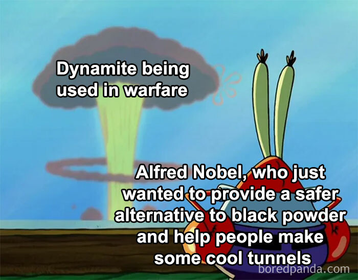 Cartoon character reacts to historical use of dynamite in warfare, showing humor in history memes.