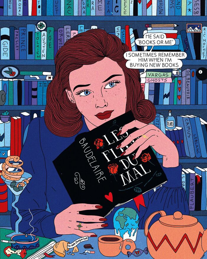 Vibrant illustration of a woman holding "Les Fleurs du Mal" book, surrounded by colorful objects and sarcastic speech bubbles.