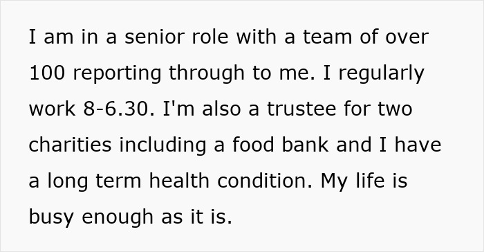 Text discussing a busy life in a senior role and trustee duties, related to elderly in-laws and care responsibilities.