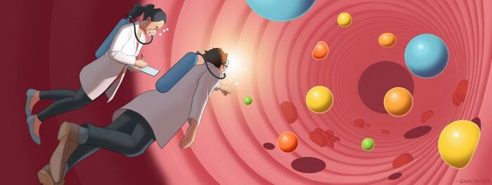 Illustration of two scientists floating in a colorful, abstract environment, examining spherical objects.