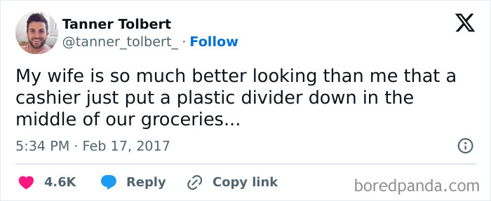 Funny post about a wife being better looking than the husband, leading to a cashier dividing their groceries.