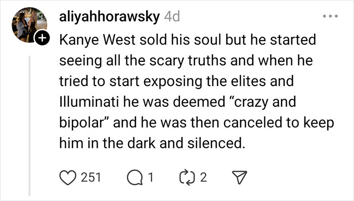 Screenshot of a social media post discussing celebrity rumors about Kanye West and conspiracy theories.