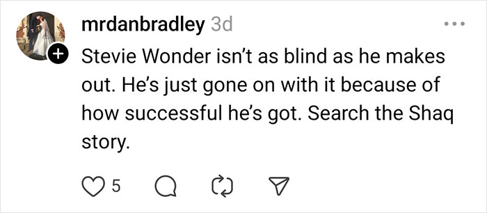 Social media comment discussing celebrity rumor about Stevie Wonder's blindness.