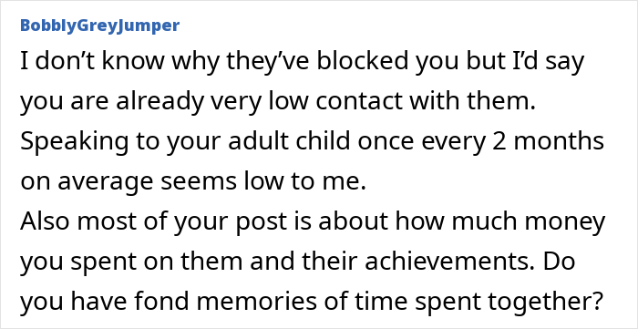 Comment discussing a mom's low contact with her children living abroad.