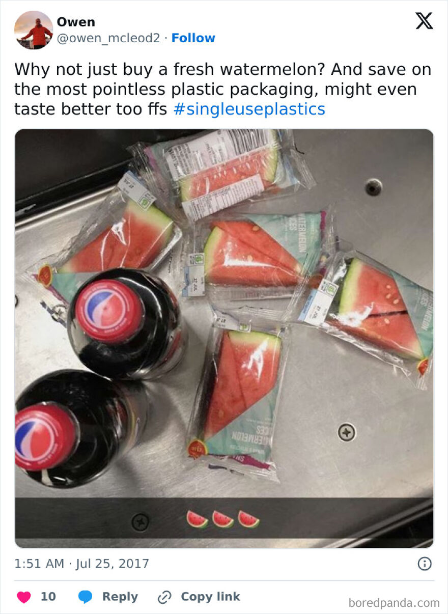 Packaged watermelon slices and plastic bottles highlight wasteful, unnecessary packaging.