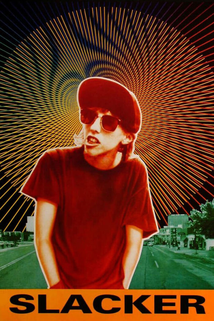 Retro style poster for "Slacker" featuring a person in sunglasses and a cap, set against a vibrant sunburst background.