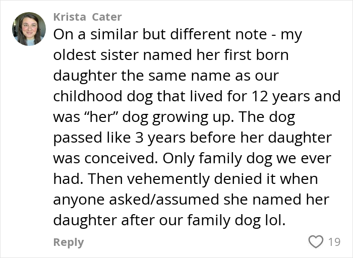 Comment discussing naming a child after a family dog, with a user profile picture visible.