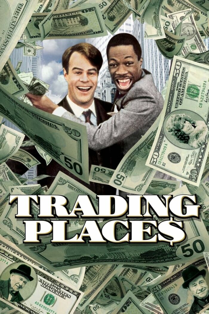 Two men in suits surrounded by flying money, "Trading Places" text below; a scene from a best nostalgia movie.