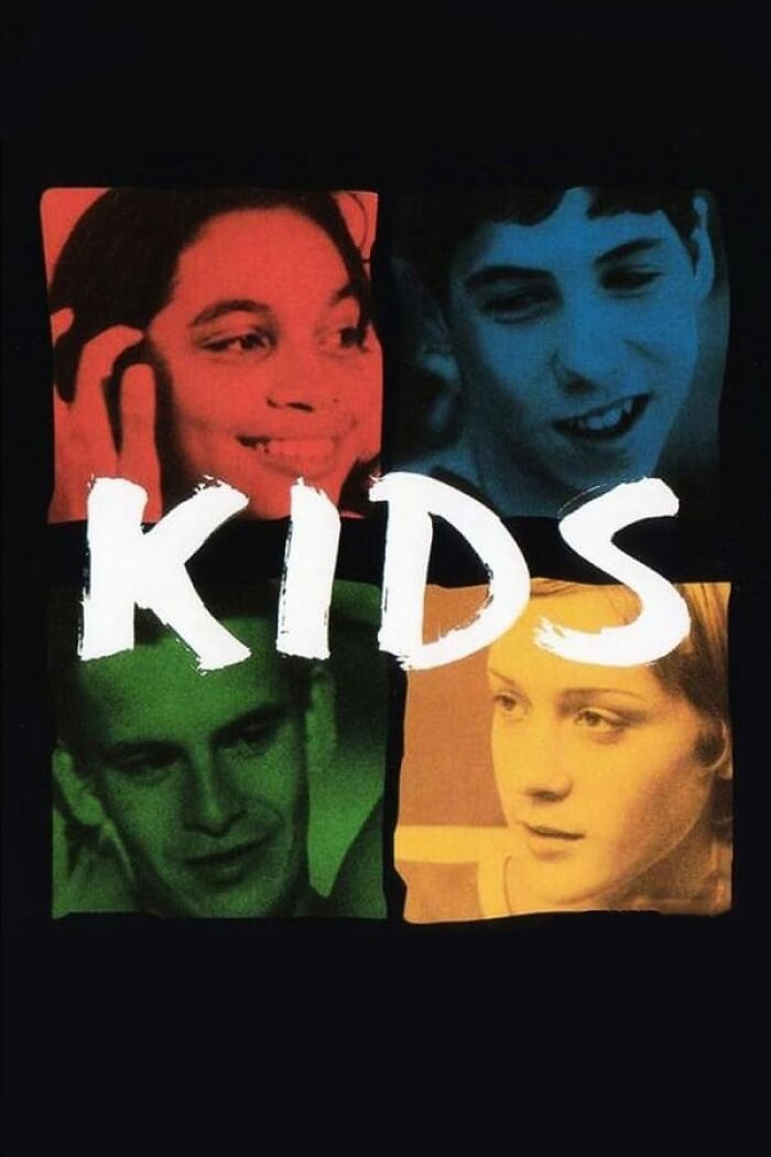 Poster of "Kids" showcasing character faces; a classic in best nostalgia movies.