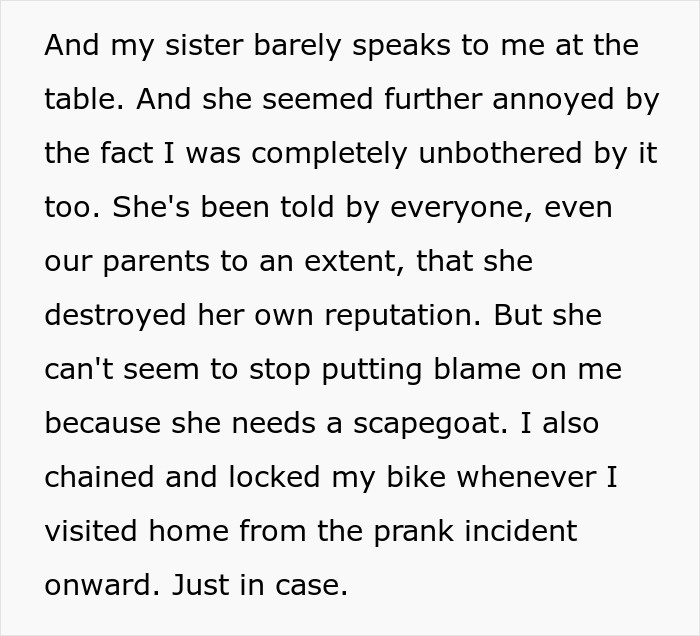 Text about a woman's actions causing a disagreement over stealing and dumping a bike, damaging her reputation.