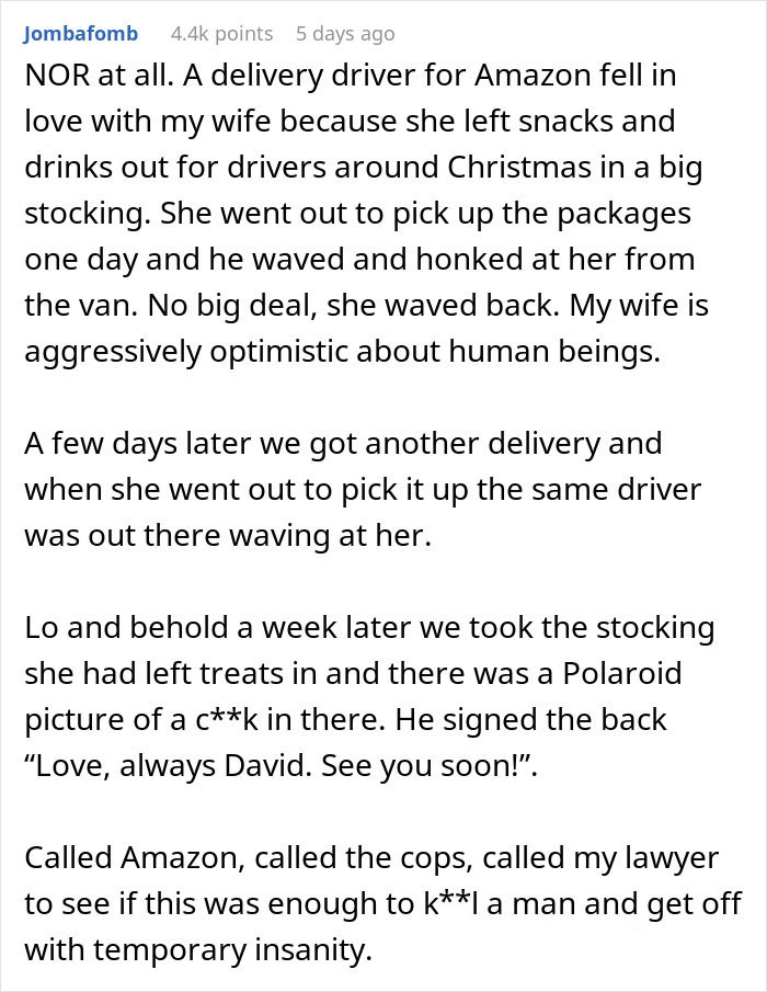 Text recounting calling the police after receiving a note from an Amazon driver.