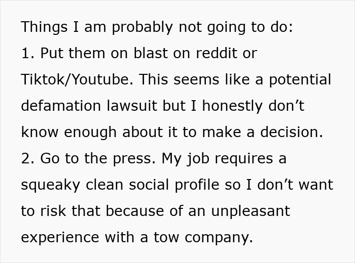 Text discussing actions to avoid with a towing company over a $36 dispute.