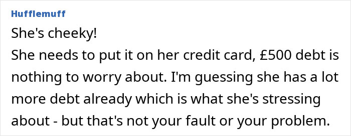 Text response discussing friend’s refusal to go into debt over a lost hairdryer, mentioning credit card and existing debt concerns.