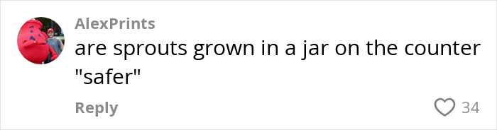 Comment questioning the safety of growing sprouts in a jar regarding food bacteria concerns.