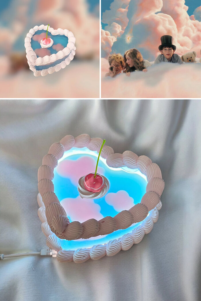 Cake-inspired storage box by artist, resembling a heart-shaped dessert with whipped cream and cherry on top.